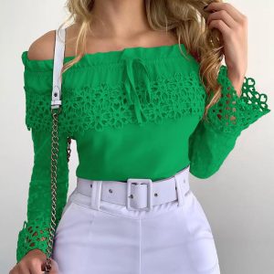 Off Shoulder Guipure Lace Frill Hem Drawstring Top, women Blouses & Shirts, ChicMe catalog