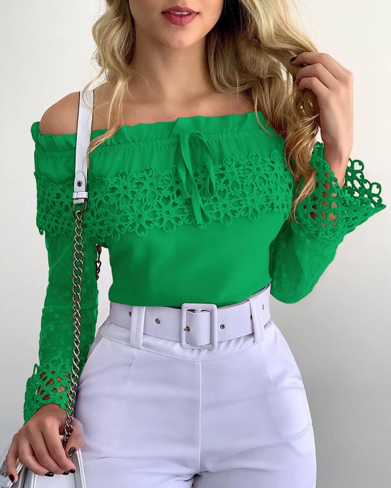 Off Shoulder Guipure Lace Frill Hem Drawstring Top, women Blouses & Shirts, ChicMe catalog