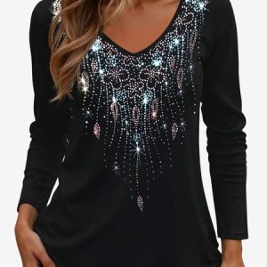 Women's Long Sleeve Tee T-shirt Spring/Fall Abstract Jersey V Neck Daily Going Out Casual Top, JustFashionNow T-Shirts, color:Black|size:XXL,