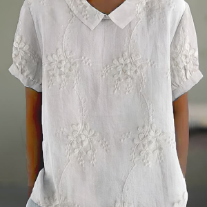 Shawl Collar Short Sleeve Floral Printing Lightweight Loose Shirt For Women, Blouses, color:White|size:5XL, catalog Noracora shop