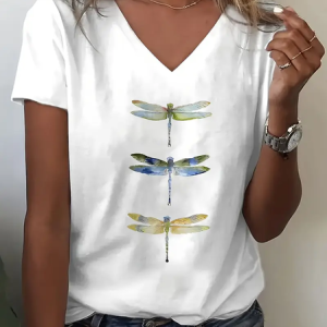 Women's Dragonfly Spring Print Casual V-Neck Short Sleeve T-Shirt, T-shirts, Lilicloth.com