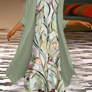 Women Floral Printing Two-Piece Set Daily Three Quarter Sleeve Casual Spring/Fall Dress With Coat Matching Set, Dresses, color:Green|size:XXL, catalog Noracora shop