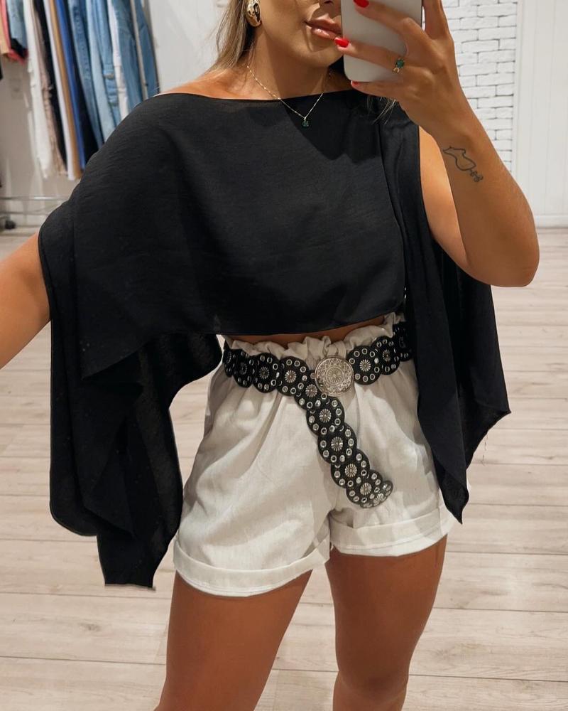 Solid Color Off Shoulder Split Sleeve Versatile Crop Blouse with Elastic Hem Bandeau Top, women Blouses & Shirts, ChicMe catalog - Image 2