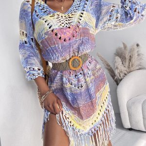 Colorful Knit V-Neck Three Quarters Sleeve Cover Ups Dress Casual Hollow-out Tassel Hem Dress, women Cover Ups, ChicMe catalog