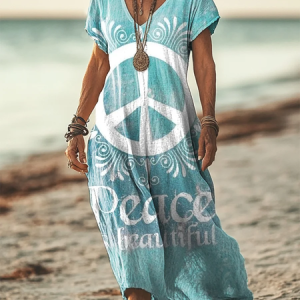 Women's Short Sleeve Summer Green Hippie Printing V Neck Daily Going Out Casual Maxi H-Line T-Shirt Dress Dress, Dresses, Lilicloth.com