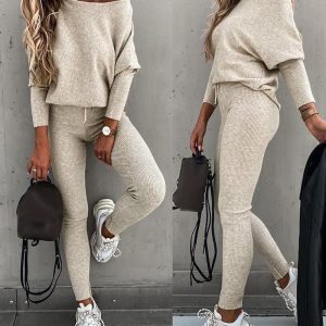 2 Pieces Outfit Skew Neck Long Sleeve Loose Pullover Top and Drawstring High Waist Slim Fit Pants Set, women Two-piece Sets, ChicMe catalog