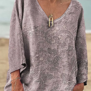 Casual Floral V Neck Long Sleeve T-shirt, T-shirts, color:As Picture|size:4XL, catalog Noracora shop
