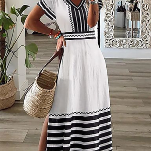 Women Striped Short Sleeve Summer Printing Dress V Neck Daily Casual Maxi X-Line Dress, JustFashionNow Casual Dresses, color:As Picture|size:3XL,