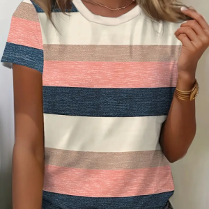Women's Striped Short Sleeve Tee T-shirt Crew Neck Printing Casual Summer Graphic Tee Top, JustFashionNow T-Shirts, color:As Picture|size:XXL