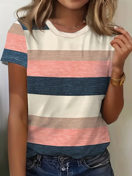 Women's Striped Short Sleeve Tee T-shirt Crew Neck Printing Casual Summer Graphic Tee Top, JustFashionNow T-Shirts, color:As Picture|size:XXL
