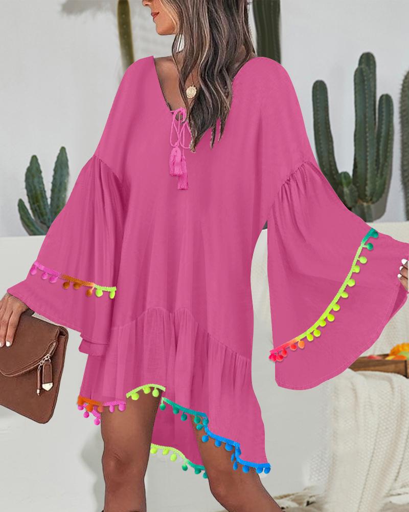 Colorful Pom Pom Decor V-Neck Bell Sleeve Tied Detail High-Low Hem Dress Casual Ruffle Hem Vacation Dress, women Casual Dresses, ChicMe catalog - Image 2