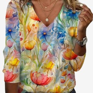 Women's Long Sleeve Tee T-shirt Spring/Fall Floral Jersey V Neck Daily Going Out Casual Top, JustFashionNow T-Shirts, color:flower|size:XXL,