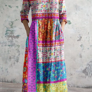 Women's Kantha style floral pattern V-neck dress with pockets, Dresses, Lilicloth.com