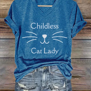 Women's Childless Cat Lady Casual V-Neck Tee, T-shirts, Lilicloth.com
