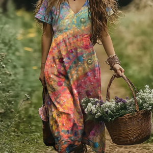 Regular Fit Casual Floral V Neck Dress With No, Dresses, Lilicloth.com