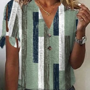 Plus Size Notched Loose Abstract Graphic Casual T-Shirt, JustFashionNow T-Shirts, color:Green|size:4X,