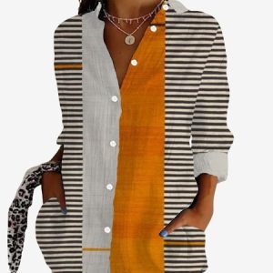 Women's Long Sleeve Shirt Spring/Fall Striped Shirt Collar Daily Going Out Casual Top, JustFashionNow Shirts, color:Apricot|size:XXL,
