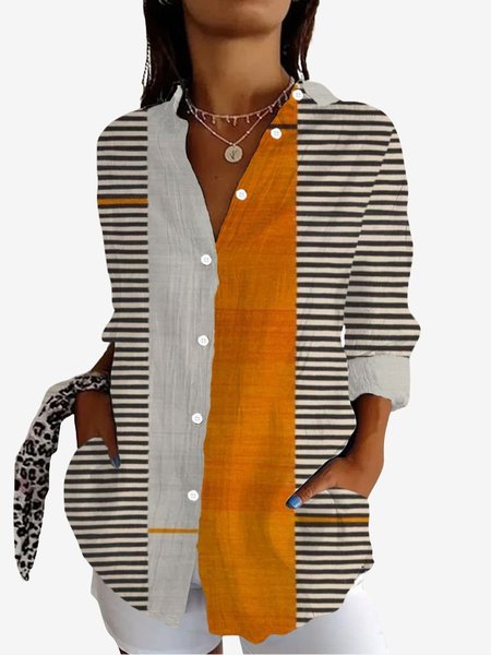 Women's Long Sleeve Shirt Spring/Fall Striped Shirt Collar Daily Going Out Casual Top, JustFashionNow Shirts, color:Apricot|size:XXL,