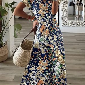Plus size Loose V Neck Casual Floral Dress, JustFashionNow Dresses, color:Blue|size:4X,