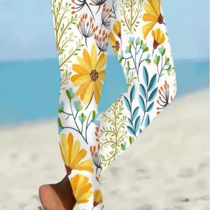 Women's Casual Floral Jersey All Season Long Leggings, JustFashionNow T-Shirts, color:Yellow|size:XXL,