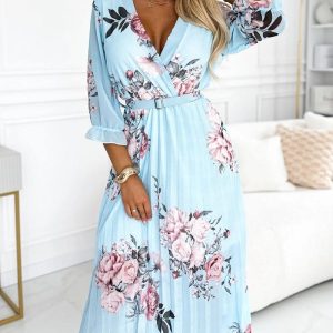 Floral Print V Neck Three Quarters Sleeve Midi Dress Casual A Line Pleated Dress with Belt, women Print Dresses, ChicMe catalog