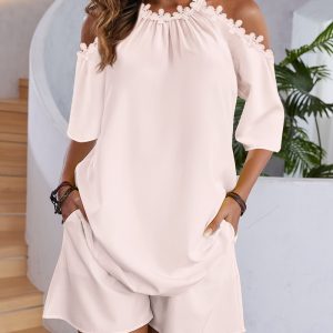 2 Pieces Cold Shoulder Lace Trim Short Sleeve Top and Strechy Waist Loose Fit Shorts Set, women Two-piece Sets, ChicMe catalog