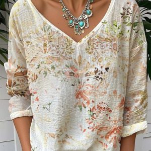 Casual Loose V Neck Floral T-Shirt, Long sleeves, Lilicloth.com