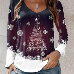 Women's Long Sleeve Tee T-shirt Spring/Fall Christmas Jersey V Neck Holiday Going Out Casual Top, JustFashionNow T-Shirts, color:Wine Red|size:XXL,