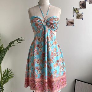 Floral Print Halter Tied Detail Elastic Shirred Back Mini Dress Casual Hollow Out A Line Dress, women Casual Dresses, ChicMe catalog