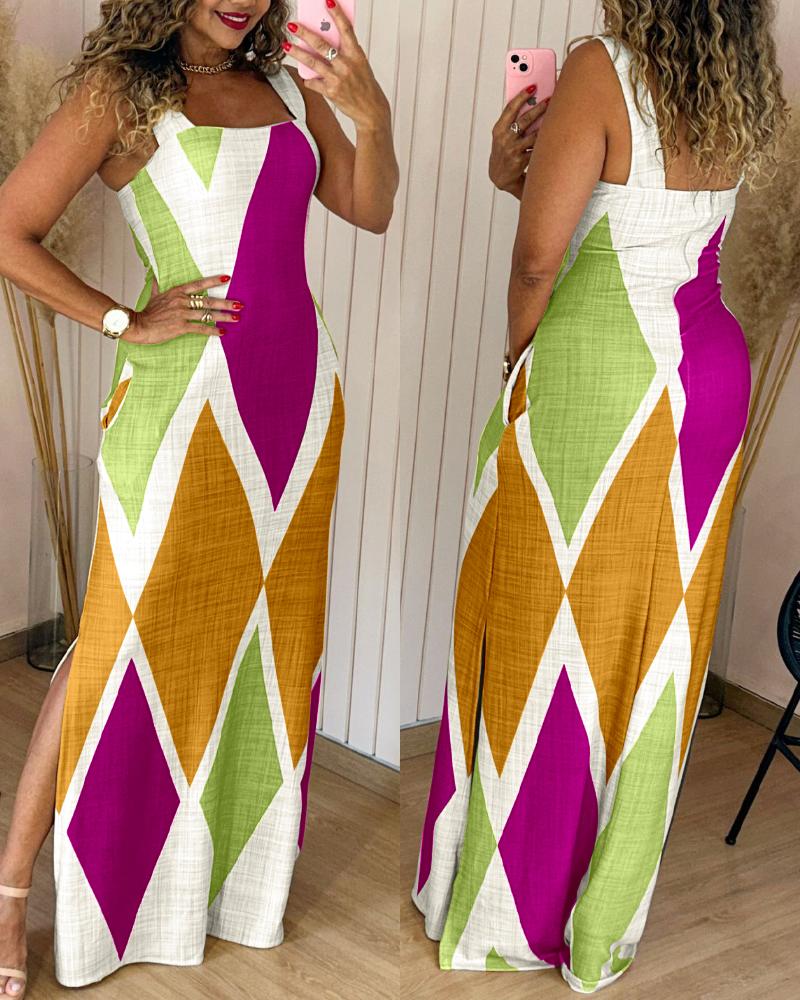 Geometric Print Square Neck Thick Strap Vacation Dress Casual Slim Fit Slit Maxi Dress, women Maxi Dresses, ChicMe catalog - Image 4