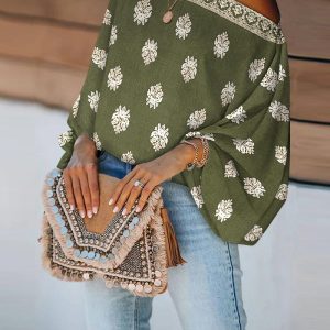 Floral Print Off the Shoulder Batwing Sleeve Top Casual Loose Fit Blouse, women Blouses & Shirts, ChicMe catalog
