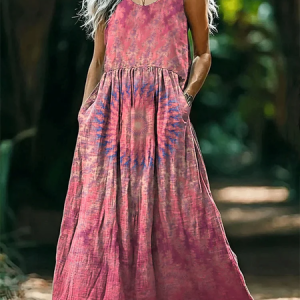 Women's Ombre Sleeveless Summer Printing Dress Crew Neck Daily Casual Maxi Tank H-Line Dress, JustFashionNow Casual Dresses, color:Pink|size:4XL,