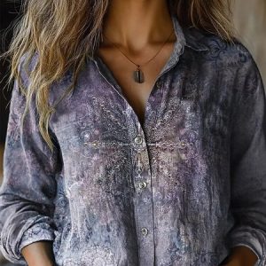 Women's Retro Ethnic Totem Printed Casual Long Sleeve Linen Shirt, Blouses, Lilicloth.com