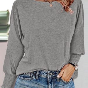 Round Neck Long Sleeve Shirred Cuffs Tee Casual Loose Fit Top, women T-shirt & Tees, ChicMe catalog