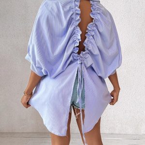 Striped Tied Detail Back Slit Hollow Out Top, women Blouses & Shirts, ChicMe catalog