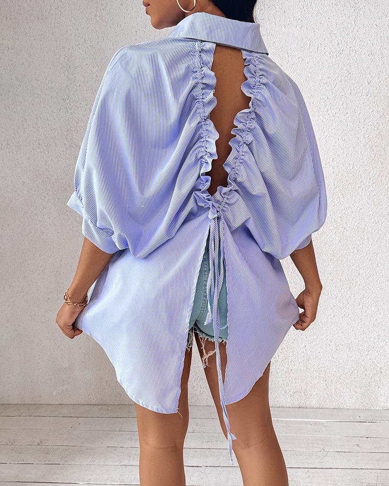 Striped Tied Detail Back Slit Hollow Out Top, women Blouses & Shirts, ChicMe catalog