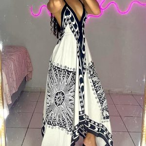 Tribal Print V Neck Backless Maxi Dress Casual A Line Flowy Vacation Dress, women Maxi Dresses, ChicMe catalog