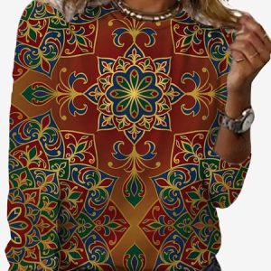 Women's Long Sleeve Tee T-shirt Spring/Fall Ethnic Jersey Crew Neck Daily Going Out Casual Top, JustFashionNow T-Shirts, color:Wine Red|size:XXL,