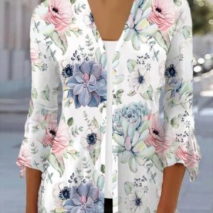 Women's Spring/Fall Outerwear Casual Floral Jersey Shawl Jacket, JustFashionNow Coats, color:White|size:XXL,