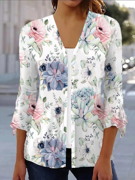 Women's Spring/Fall Outerwear Casual Floral Jersey Shawl Jacket, JustFashionNow Coats, color:White|size:XXL,