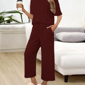 2 Piece Outfits  Round Neck Short Sleeve Pullover Tops and Casual Drawstring Wide Leg Pants Lounge Sets, women Two-piece Sets, ChicMe catalog