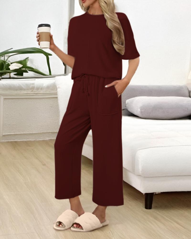2 Piece Outfits Round Neck Short Sleeve Pullover Tops and Casual Drawstring Wide Leg Pants Lounge Sets, women Two-piece Sets, ChicMe catalog