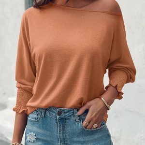 Round Neck Three Quarters Sleeve Shirred Cuffs Softy T-Shirt Casual Loose Fit Top, women T-shirt & Tees, ChicMe catalog