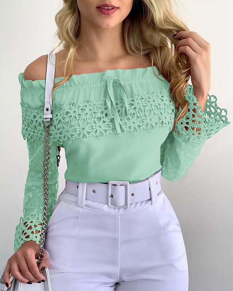 Off Shoulder Guipure Lace Frill Hem Drawstring Top, women Blouses & Shirts, ChicMe catalog - Image 2