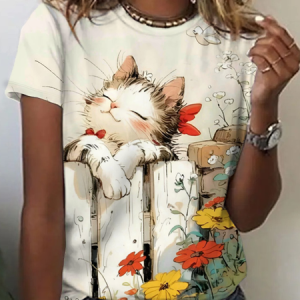 Flowers and cats Print T-Shirt, T-shirts, Lilicloth.com