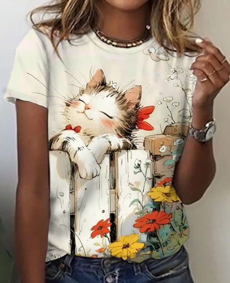 Flowers and cats Print T-Shirt, T-shirts, Lilicloth.com