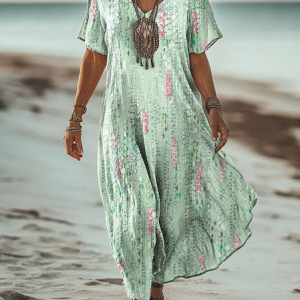 Women's Short Sleeve floral printed V Neck Casual Maxi T-Shirt Dress, Dresses, Lilicloth.com