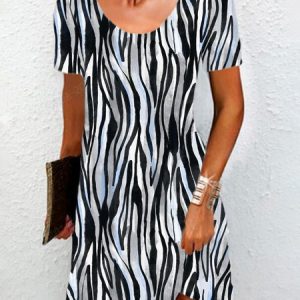 Women's Short Sleeve Summer Zebra Jersey Dress Crew Neck Daily Going Out Casual Mini H-Line TUNIC, JustFashionNow Dresses, color:Black|size:XXL,
