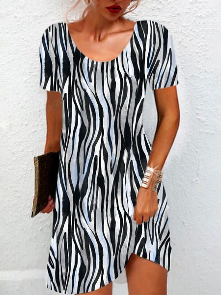 Women's Short Sleeve Summer Zebra Jersey Dress Crew Neck Daily Going Out Casual Mini H-Line TUNIC, JustFashionNow Dresses, color:Black|size:XXL,