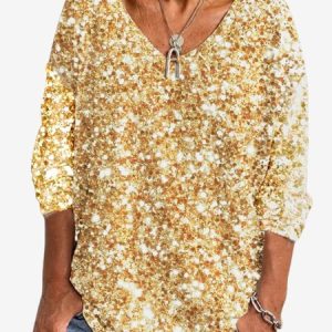 Women's Long Sleeve Tee T-shirt Spring/Fall Abstract Jersey V Neck Daily Going Out Casual Top, JustFashionNow T-Shirts, color:Golden|size:XXL,